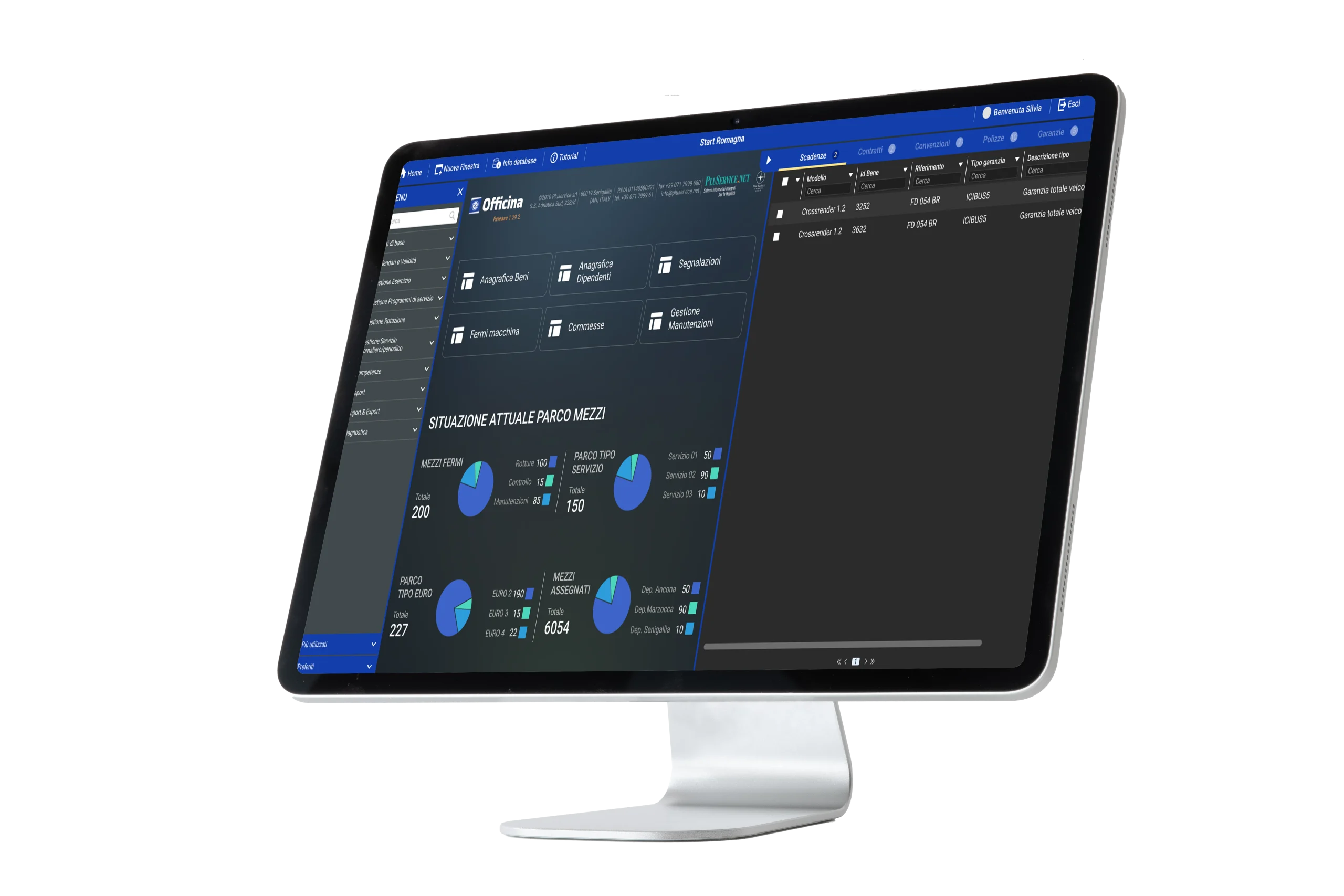 Interfaccia del software Asset Manager di Pluservice su desktop, con grafici e dashboard per la gestione della manutenzione e del parco mezzi.